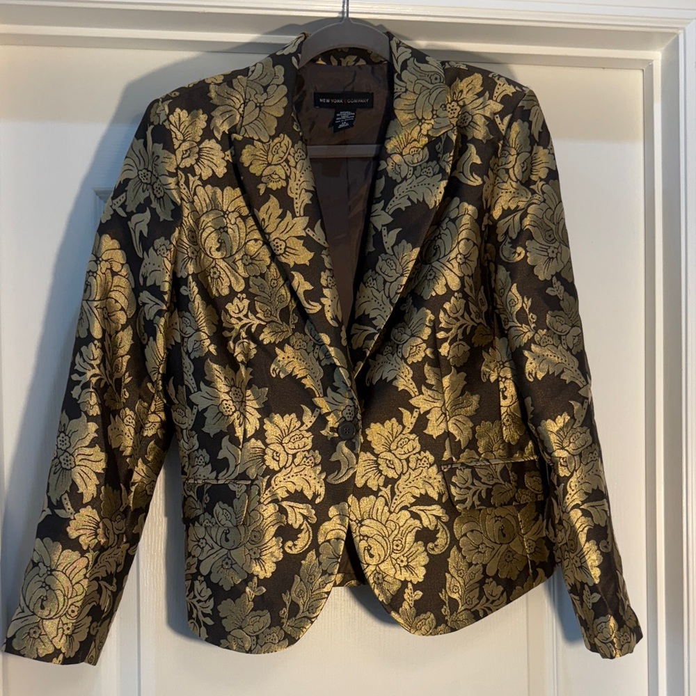 Vintage 1980/90s New York & Company Black and Gold Blazer Size 14 Brocade